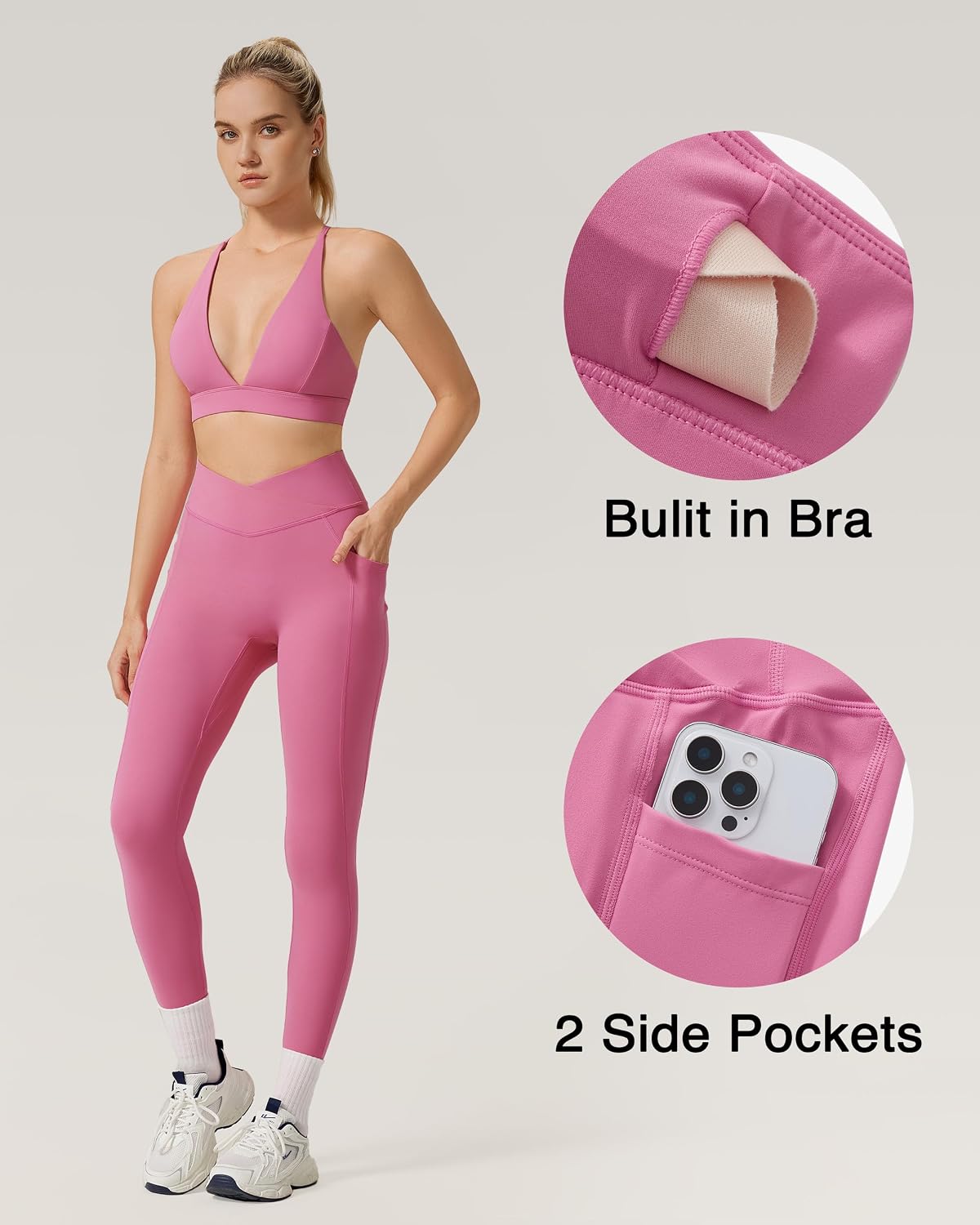 RXRXCOCO 2 Piece Workout Sets for Women Strappy Sports Bra Booty Leggings with Pockets Yoga Gym Outfits.