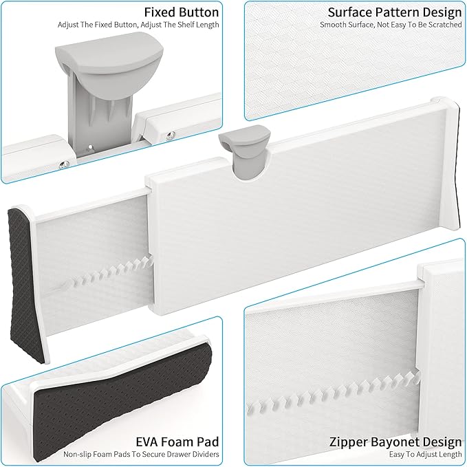 Drawer Dividers Organizer 8 Pack, Adjustable Separators 4" High Expandable from 11-17" for Bedroom, Bathroom, Closet, Clothing, Office, Kitchen (White, 8 PACK)