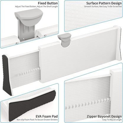 Drawer Dividers Organizer 8 Pack, Adjustable Separators 4" High Expandable from 11-17" for Bedroom, Bathroom, Closet, Clothing, Office, Kitchen (White, 8 PACK)