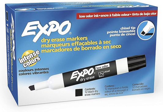 EXPO Low Odor Dry Erase Markers, Black, Chisel Tip for Versatile Lines, Perfect for Home, Classroom and Office, Pack of 12