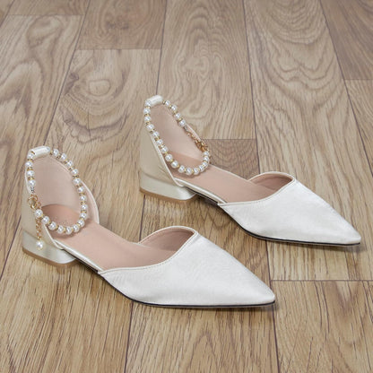 Women's 1 Inch Beige Satin Heels with Pearl Ankle Strap Pointy Closed Toe Low Block Chunky Pumps Comfort White Wedding Dress Sandal Shoes for Bride Guest Party