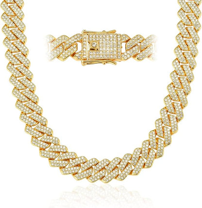 Mens Cuban Link Chain Miami Cuban Necklace 18K Gold Silver Chain Diamond Cut Chains For Men Women 14mm Iced Out Hip Hop Jewelry