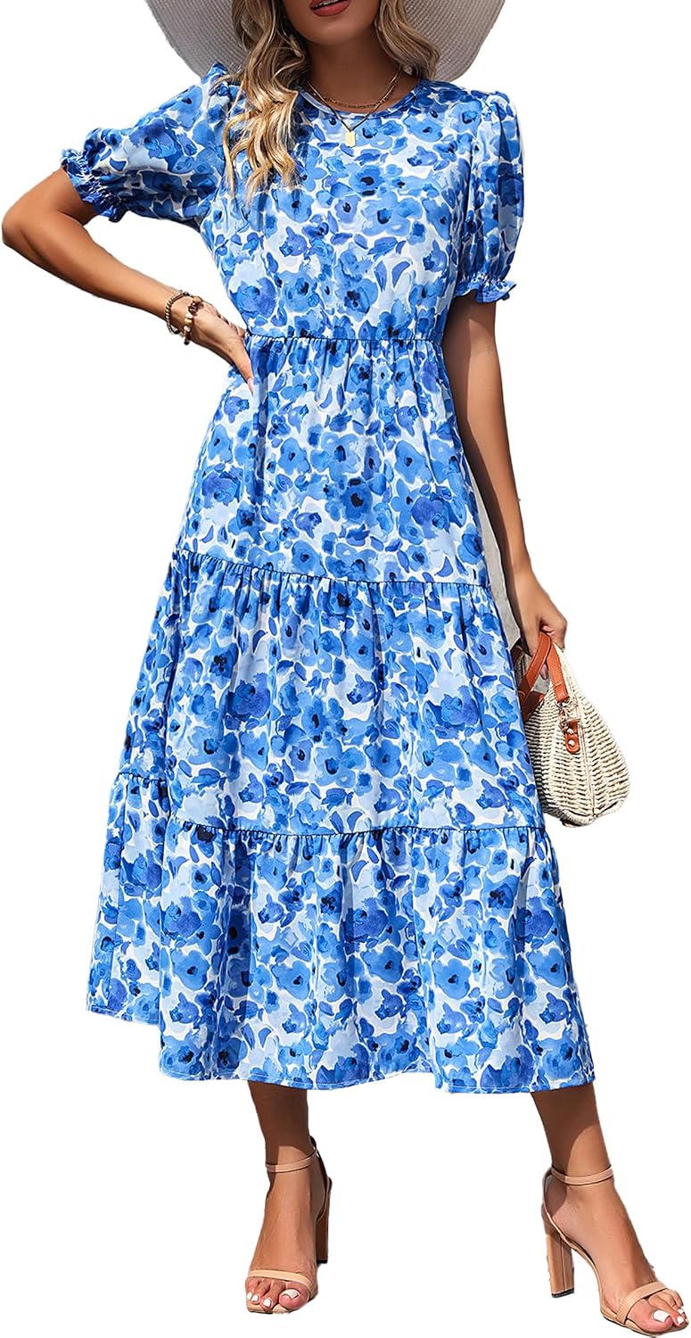 PRETTYGARDEN Summer Dresses for Women 2026 Casual Floral Boho Midi Sun Dress Puff Short Sleeve Flowy Beach Vacation Sundress