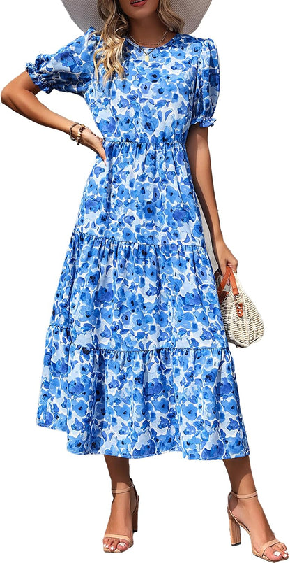 PRETTYGARDEN Summer Dresses for Women 2026 Casual Floral Boho Midi Sun Dress Puff Short Sleeve Flowy Beach Vacation Sundress