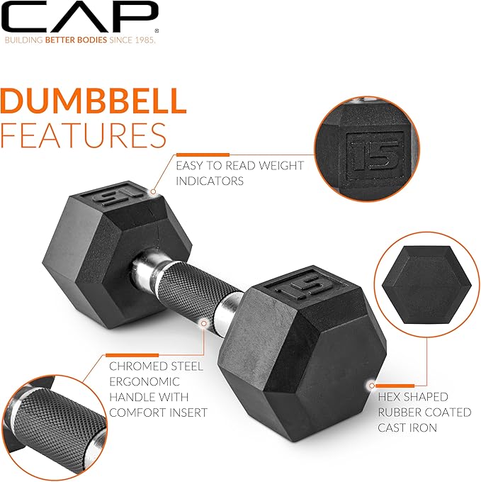 CAP Barbell Coated Hex Dumbbell Weight | Multiple Options - Single (15LB)