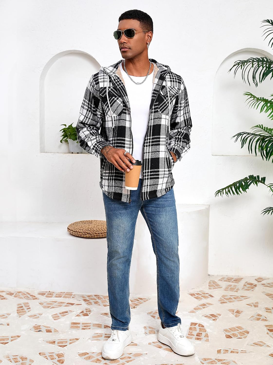 Men's Full Zip Sherpa Lined Flannel Jacket Fleece Hooded Plaid Jacket with Hood for Men