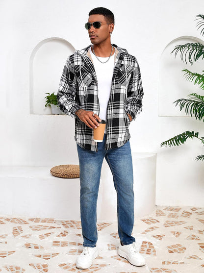 Men's Full Zip Sherpa Lined Flannel Jacket Fleece Hooded Plaid Jacket with Hood for Men