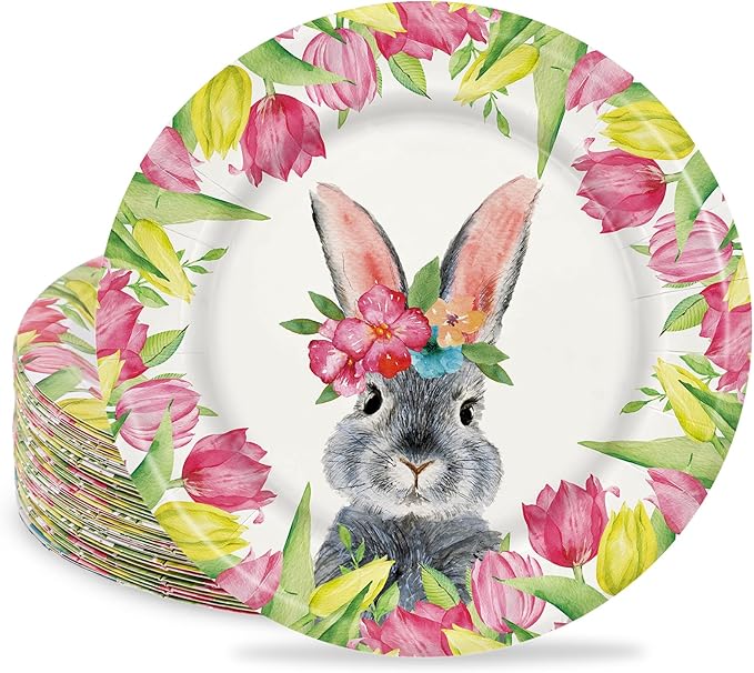 AnyDesign Easter Paper Plates Disposable Tulip Bunny Plates 9 Inch Flower Rabbit Tableware Dessert Plates for Spring Holiday Party Table Decor Supplies, 24Pcs