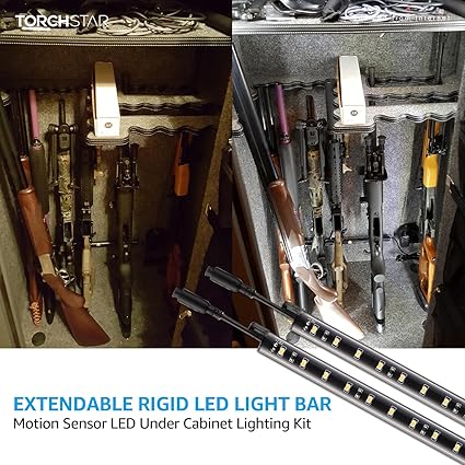 TORCHSTAR LED Safe Lighting Kit, (6) 12 Inch Linkable Light Bars  Motion Sensor  UL Power Adapter, 900LM, Input 100-240V, for Under Cabinet Gun Safe Locker Closet Showcase, 5000K Daylight