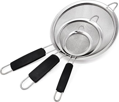 Makerstep Fine Mesh Strainer Set of 3, Stainless Steel 3.38", 5.5", 7.87" Strainers Wire Sieve Sifter with Insulated Handle Strainers for Kitchen Gadgets Tools