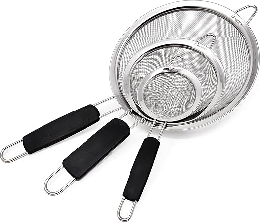 Makerstep Fine Mesh Strainer Set of 3, Stainless Steel 3.38", 5.5", 7.87" Strainers Wire Sieve Sifter with Insulated Handle Strainers for Kitchen Gadgets Tools