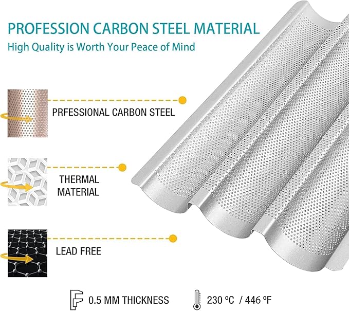 Hesanzol Baguette Pans for Baking 15" x 11", 3 Loaf Carbon Steel French Bread Pan Nonstick Perforated Baguette Baking Tray Silver