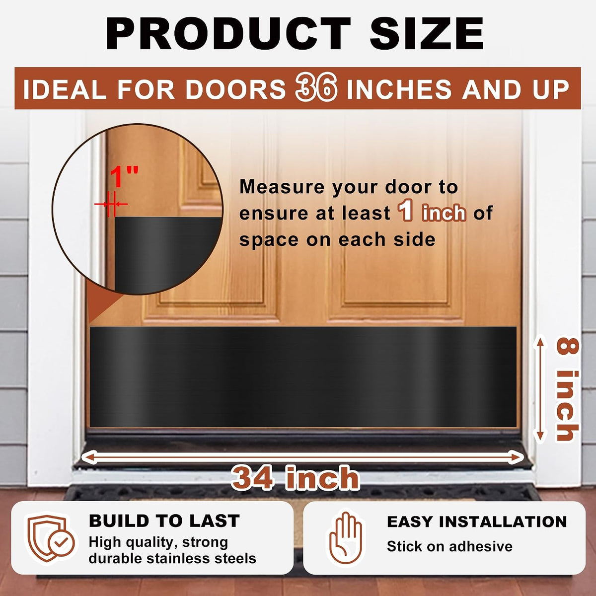 2 PCS 8" x 34" Self Adhesive Door Kick Plate for Bottom of Door, Stainless Steel Front Door Kick Plates, Kickplates for 36" Door Interior and Exterior (Brushed Black)