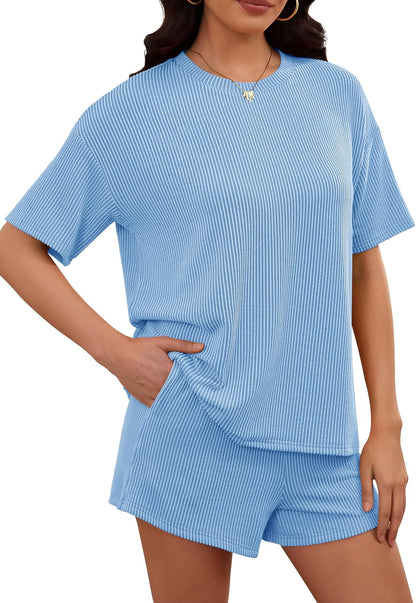 Women's 2 Piece Sets Short Sleeve Outfits Ribbed Textured Knit Lounge Shorts Set Oversized Tracksuit Matching Sets