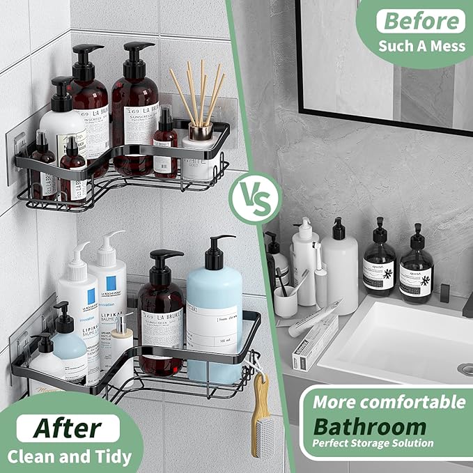 Corner Shower Caddy, 2 Pack Adhesive Shower Organizer with 8 Hooks, No Drilling Rustproof Stainless Shower Shelves for Bathroom, Organizers and Storage Racks, Black
