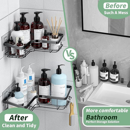 Corner Shower Caddy, 2 Pack Adhesive Shower Organizer with 8 Hooks, No Drilling Rustproof Stainless Shower Shelves for Bathroom, Organizers and Storage Racks, Black