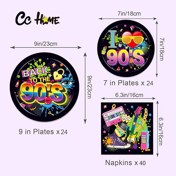 CC HOME 90s Birthday Paper Plates Napkins Back to The 1990s Disposable Tableware Set Hip Hop Baby Shower Party Supplies Tissue 90's Theme Cutlery Sets Serves 24 Guests for Party Plates Napkins 88PCS
