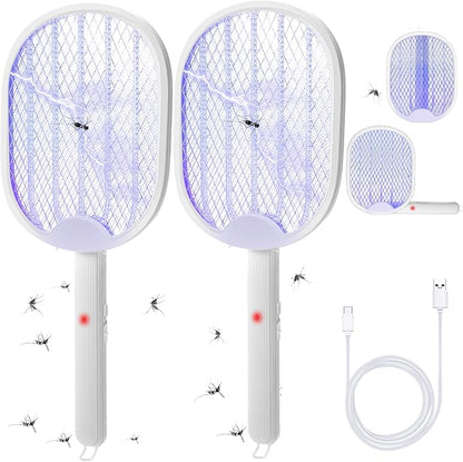 Qualirey Pack of 2 3 in 1 electric fly swatters, foldable, 3000 V, hand mosquito killer with USB rechargeable base, fly swatter and mosquito trap, indoor pendant lamp and