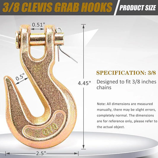 3/8 Chain Hook, Chain Hooks 3/8 Heavy Duty, 6600Lbs G70 Clevis Grab Hook 3/8 Inch for Trailer Truck Tow Chain Transport -Yellow Chromate Finish (2 Pack)