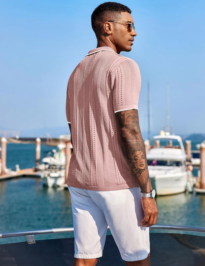 COOFANDY Men's Knit Shirts Short Sleeve Button Down Polo Shirt Fashion Casual Summer Beach Shirts