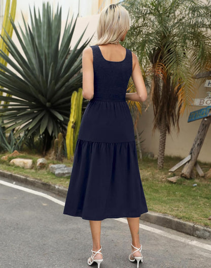 Maggeer Women's 2025 Summer Spring Sleeveless Smocked Tiered Scoop Neck Midi Tank Top Dress with Pockets