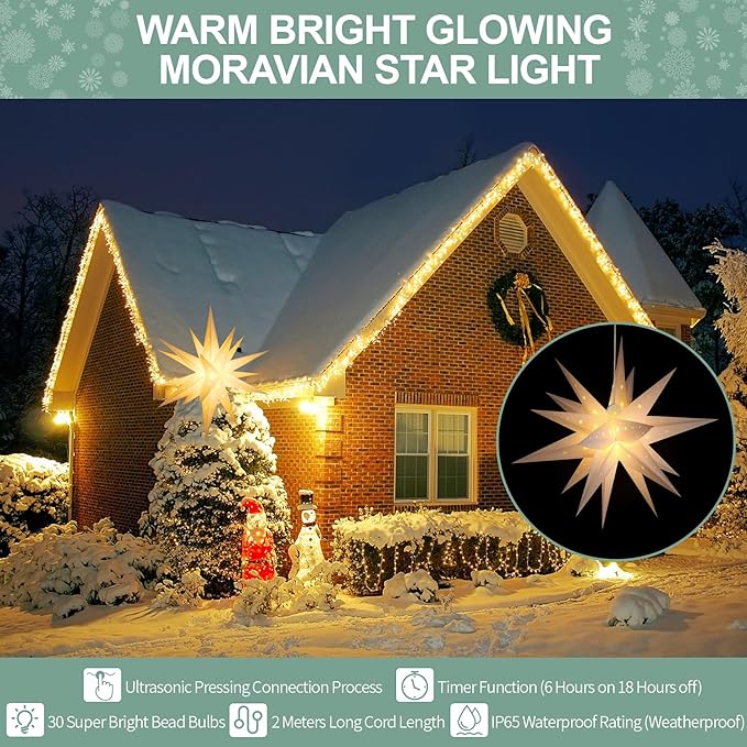 23" Moravian Star Outdoor Light, Waterproof 3D Christmas Tree Topper Lamp with Timer Function, White Led Hanging Star Lantern for Holiday Porch Room Party Decoration