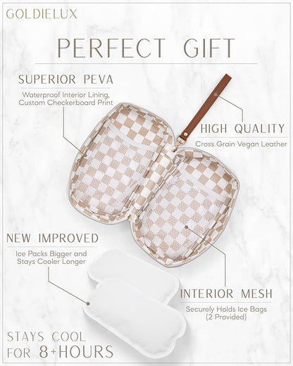 Breast Milk Cooler Travel Bag - Waterproof Breastmilk Storage Bag Cooler w/Ice Pack, Checkerboard Interior, Leather Strap, & More - Versatile Insulated Cooler Bag - Ideal Baby Travel Essentials