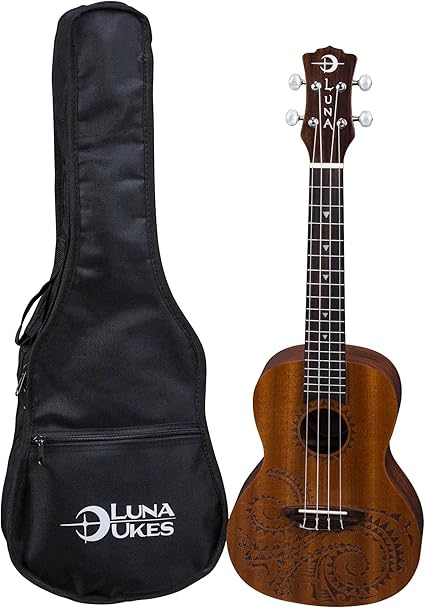 Luna Tattoo Concert Mahogany Ukulele with Gig Bag, Satin Natural