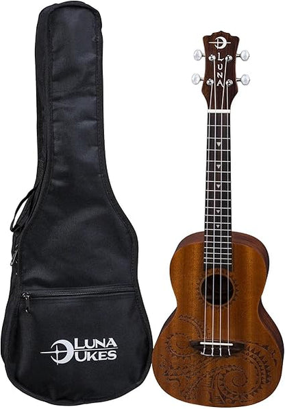 Luna Tattoo Concert Mahogany Ukulele with Gig Bag, Satin Natural