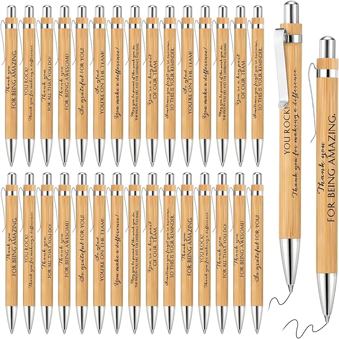 Fuutreo 30 Pcs Inspirational Bamboo Pens Thank You Wood Ballpoint Pens Graduation Employee Appreciation Gift Motivational for Office Volunteer Teacher Nurse Coworker School Black Ink, 10 Styles