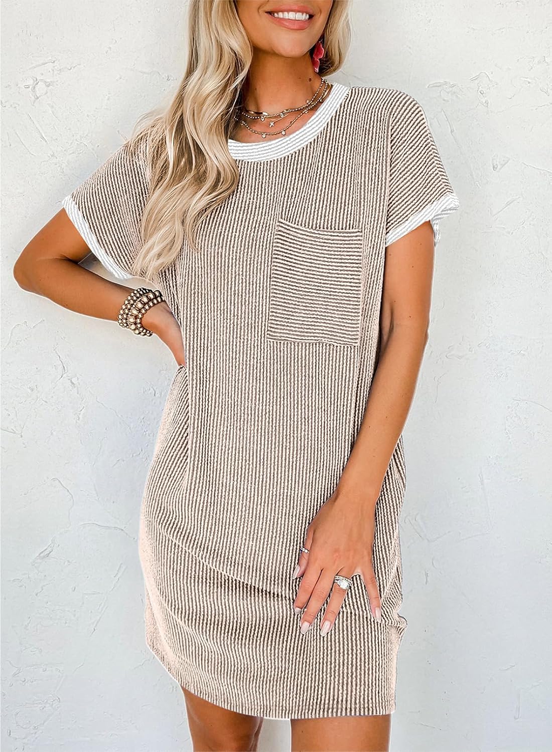 Black With Grey Design on The Collar And Neckline Acelitt Womens Casual Summer Crewneck Short Sleeve Ribbed Mini Tshirt Dress, XS-3XL