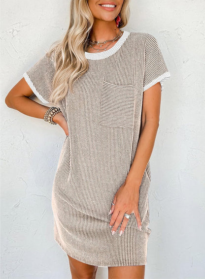 Black With Grey Design on The Collar And Neckline Acelitt Womens Casual Summer Crewneck Short Sleeve Ribbed Mini Tshirt Dress, XS-3XL
