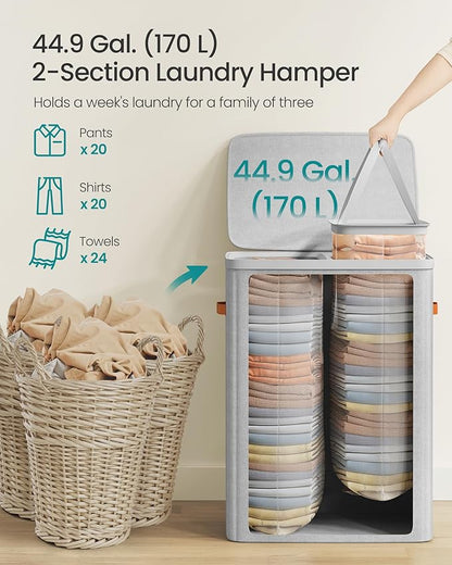SONGMICS Laundry Basket, 170L Laundry Hamper with Lid, 2 Removable Bags