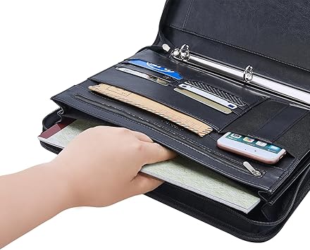 IVESIGN Zippered Padfolio Binder, Faux Leather Organizer with 3-Ring Binder, Left-Handed Design, Business Card Slots  Document Folders - Professional Padfolio for Office (Black)
