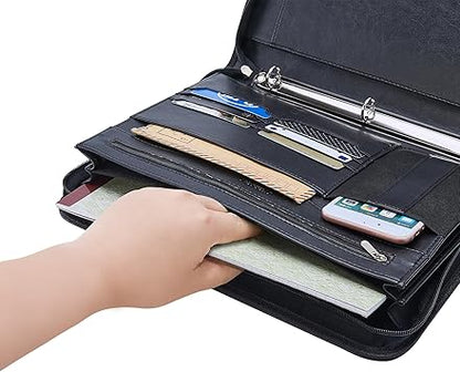 IVESIGN Zippered Padfolio Binder, Faux Leather Organizer with 3-Ring Binder, Left-Handed Design, Business Card Slots  Document Folders - Professional Padfolio for Office (Black)