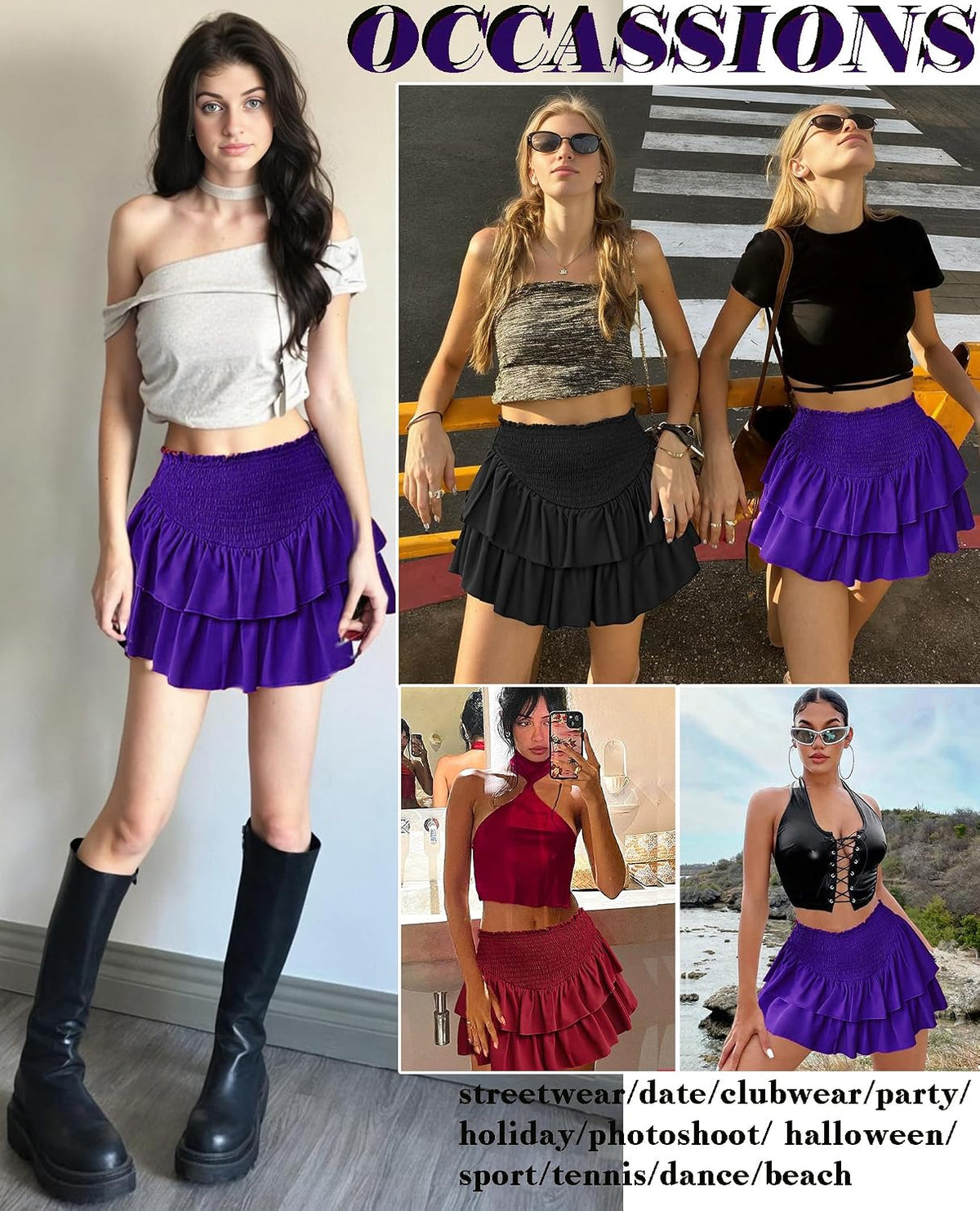 Avidlove Womens High Waist Ruffle Flowy Mini Skirts Casual Boho Layered Pleated Beach Short Skirt.