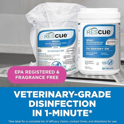 REScue One-Step Disinfectant Cleaner & Deodorizer Wipes for Vet Use – Cleaner for Kennels, Litter Boxes, Vet Offices, Pet Grooming Surfaces, Pet Items – Wipes Canister, 160-Count (Pack of 1)