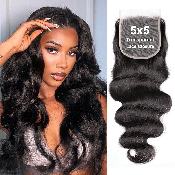 Body Wave 5x5 Transparent Lace Closure 100% Human Hair Invisible 5x5 Lace Closure 12A Brazilian Virgin Remy Human Hair Frontal Closure Pre Plucked Natural Color 20 Inch