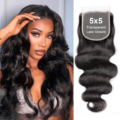 Body Wave 5x5 Transparent Lace Closure 100% Human Hair Invisible 5x5 Lace Closure 12A Brazilian Virgin Remy Human Hair Frontal Closure Pre Plucked Natural Color 20 Inch