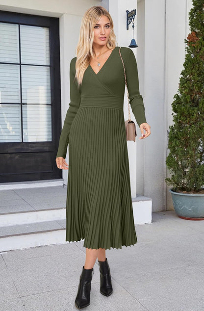 OUGES Women's Fall Maternity Dress for Photoshoot Long Sleeve Wrap V Neck Pleated Baby Shower Sweater Midi Dresses 2026.