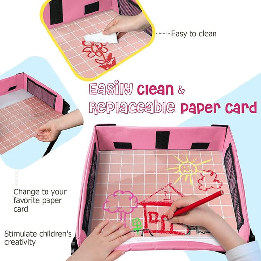 BUENAVO New Version Car Seat Organizer Kids Travel Tray for Kids Toddlers Activities in Car Seat, Stroller, Airplane  Waterproof Dry Erase Top  Side Pocket  Water Bottle Holder