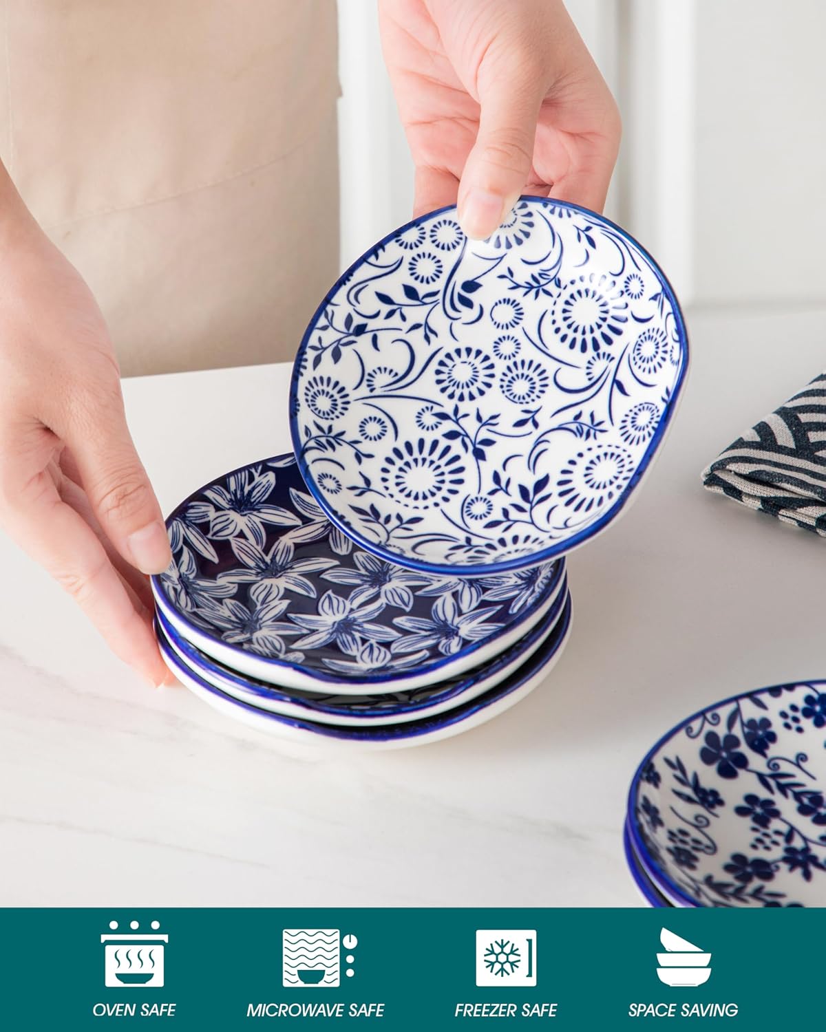 vancasso 6-Pack Ceramic Spoon Rest for Stove Top, Decorative Ceramic Cooking Spoon Holder for Kitchen Counter, 4.8 Inch Blue White Chinoiserie Floral Spoon Rest, Farmhouse Style, SELENE Series