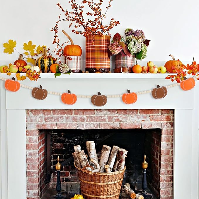 DAZONGE Thankgiving Decorations for Home, Felt Pumpkin Bead Garland for Thanksgiving Decor, Fall Thanksgiving Banner for Mantle Wall Decor
