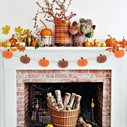 DAZONGE Thankgiving Decorations for Home, Felt Pumpkin Bead Garland for Thanksgiving Decor, Fall Thanksgiving Banner for Mantle Wall Decor