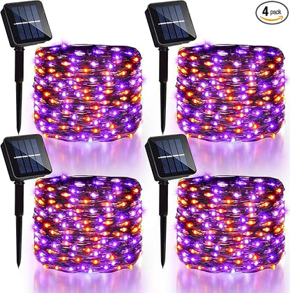 4 Pack Halloween Solar Fairy Lights 131.2Ft 400 LEDs Outdoor Twinkle Lights with 8 Modes, Waterproof Silver Wire String Lights for Garden Patio Party Decorations (Orange Purple)