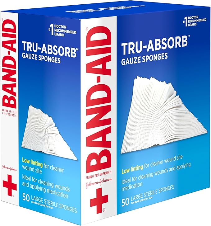 Band Aid Brand First Aid Products Tru-Absorb Sterile Gauze Sponges for Cleaning and Cushioning Minor Wounds, Cuts  Burns, Low-Lint Design, Individually Wrapped 4 in by 4 in Pads