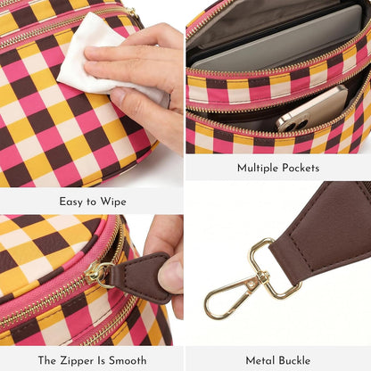 Checkered Crossbody Bag Nylon Bum Bags for Women Spacious Handbags Checkered Purse Fanny Packs with Shoulder Strap
