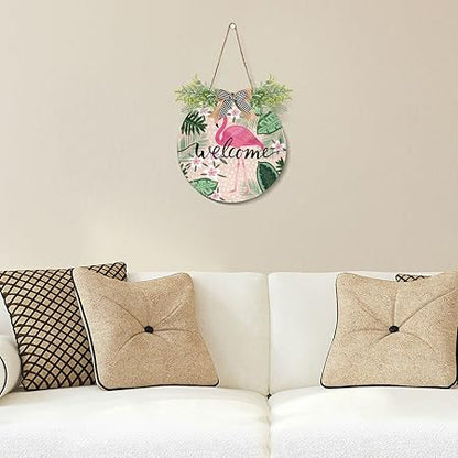 xigua Tropical Pink Flamingo Welcome Sign Front Door Decor, Outdoor Hanging Porch Wreath Interchangeable Seasonal Icons for Farmhouse Wall Home Holida