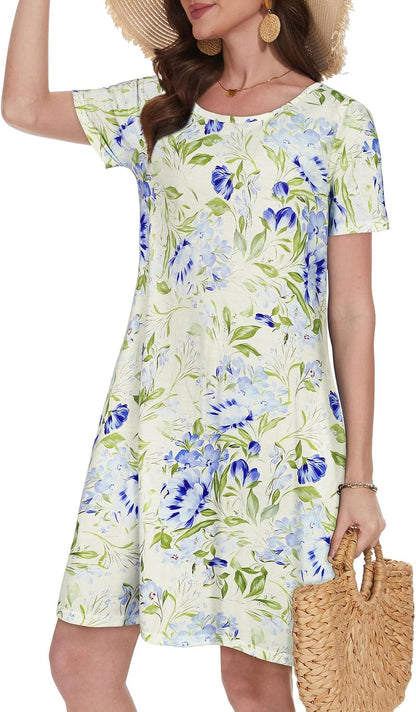 Summer Dresses for Women Casual Tshirt Short Sleeve Floral Sundress Beach Cover Ups with Pockets 2026