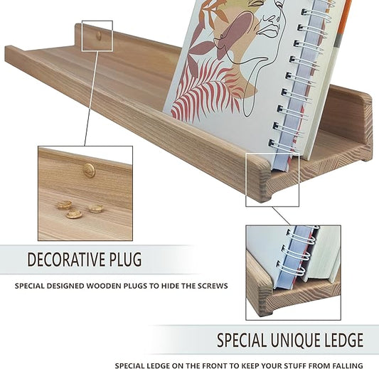 Floating Shelves for Wall 24 inch Waterproof Wall Storage Shelves with Lip Display Picture Ledge Shelf for Living Room Photo Frame Natural Wood Hanging Book Shelves (DIY-Unfinished, Set 2)